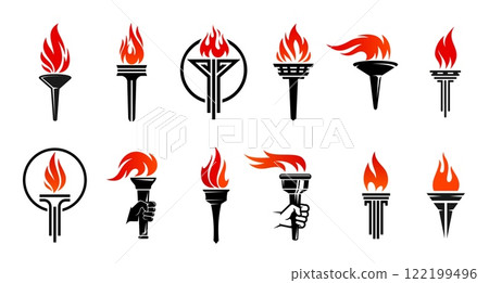 Torch flame icons. Victory and freedom, liberty and champion fire in hands vector symbols. Black torches and ancient lamps with burning fire and hot red flames, sport competition and triumph concept Torch flame icons. Victory and freedom, liberty and champion fire in hands vector symbols. Black torches and ancient lamps with burning fire and hot red flames, sport competition and triumph concept 122199496