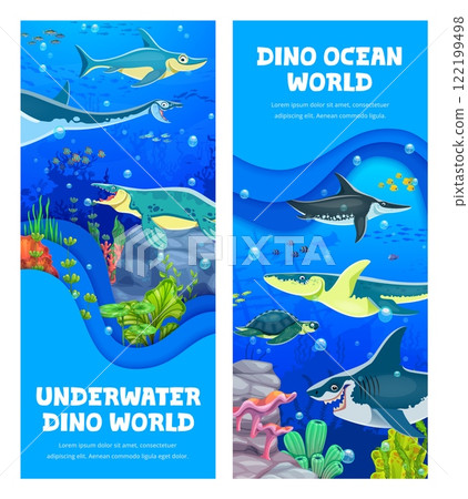 Paper cut banners with underwater prehistoric dinosaur characters. Ocean extinct dinosaurs reptiles vector posters with ophthalmosaurus, elasmosaurus, tylosaurus and ichthyosaur, kronosaurus, archelon Paper cut banners with underwater prehistoric dinosaur characters. Ocean extinct dinosaurs reptiles vector posters with ophthalmosaurus, elasmosaurus, tylosaurus and ichthyosaur, kronosaurus, archelon 122199498