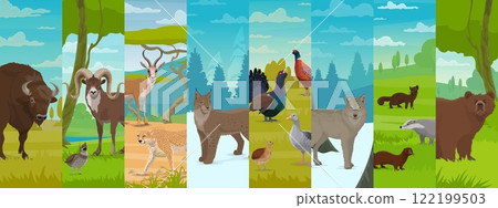 Hunted animals and birds characters collage at summer forest, winter mountains and african savanna landscape vector background. Cartoon bear, wolf, lynx and badger, bison, antelope, cheetah, pheasant Hunted animals and birds characters collage at summer forest, winter mountains and african savanna landscape vector background. Cartoon bear, wolf, lynx and badger, bison, antelope, cheetah, pheasant 122199503