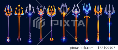 Cartoon tridents, game UI assets. Vector fantasy game spears and lances magic weapon of poseidon or neptune god, devil, demon or magician. Fantasy game tridents with gold or silver poles, gems, arrows 122199507