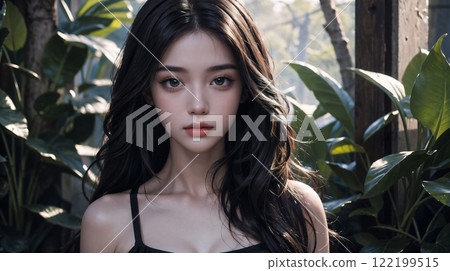 Beautiful young asian girl portrait with long silky hair and black clothes Beautiful young asian girl portrait with long silky hair and black clothes 122199515