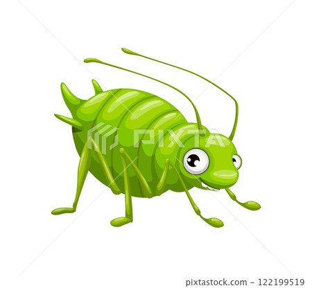Cartoon funny aphid insect character. Isolated vector parasite bug or pest personage with large expressive eyes. Aphid beetle, greenfly or blackfly vermin insect with a vivid green color and antennas 122199519