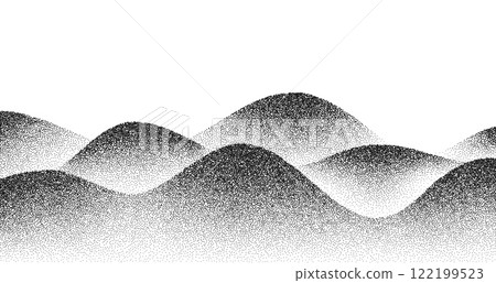 Noise grain halftone hills and mountains landscape vector background. Black noise gradient dots mountain range with sand texture and stipple pattern. Abstract grain hills terrain and waves dotwork 122199523
