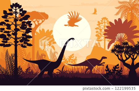 Dinosaurs silhouettes at sunset vector background. Prehistoric dino animals and birds in jungle forest with ancient trees, plants and setting sun. Jurassic nature landscape with dinosaurs silhouettes Dinosaurs silhouettes at sunset vector background. Prehistoric dino animals and birds in jungle forest with ancient trees, plants and setting sun. Jurassic nature landscape with dinosaurs silhouettes 122199535