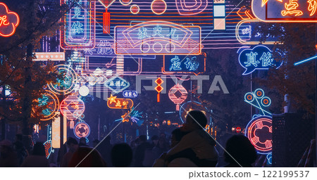 Beijing, China. People Visit Zigong Lantern Festival In Beijing. National Color. Lantern Festival In Beijing Garden Expo Park. Futuristic Neon Lamps And Lanterns. Chinese Traditional Lantern Festival Beijing, China. People Visit Zigong Lantern Festival In Beijing. National Color. Lantern Festival In Beijing Garden Expo Park. Futuristic Neon Lamps And Lanterns. Chinese Traditional Lantern Festival 122199537