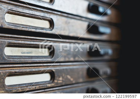 Closeup of metal type in wooden tray Closeup of metal type in wooden tray 122199597