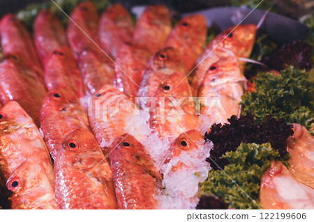 Market stall with fresh fish on ice Market stall with fresh fish on ice 122199606