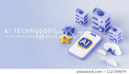 Artificial intelligence technology isometric 3d banner. Cloud computing, data server, smartphone with ai chip and gears render. Concept of digital information storage, network system. 3D illustration 122199674