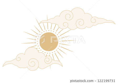 Celestial witch spiritual decoration with asian clouds moon, sun burst. Line astrology element, minimal geometric background. Celestial witch spiritual decoration with asian clouds moon, sun burst. Line astrology element, minimal geometric background. 122199731