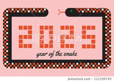 2025 year of the snake cool design for chinese new year celebration. Decorative template with snake and space for text in pixel style. 2025 year of the snake cool design for chinese new year celebration. Decorative template with snake and space for text in pixel style. 122199749