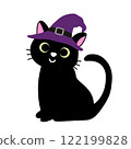 Cute smiling black cat wearing a purple witch's hat 122199828