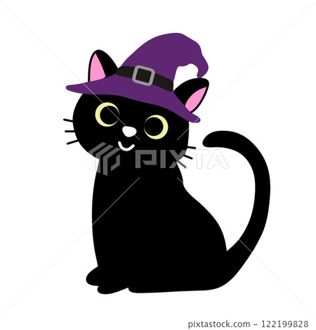 Cute smiling black cat wearing a purple witch's hat 122199828