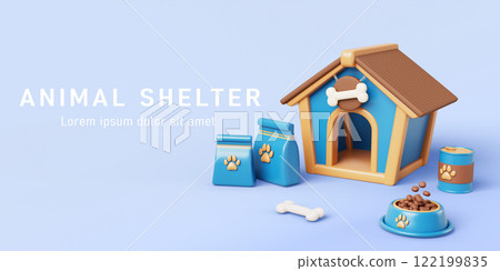 Animal shelter 3d banner. Adopt friend, dog house with bowl, feed bag, bone on blue background render. Help homeless animals find home. Pets adoption, volunteering and charity concept. 3D illustration 122199835