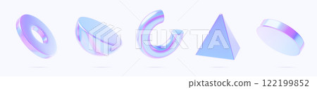 3d abstract holographic geometric shape render icon set. Iridescent metal neon objects triangle, cylinder, half sphere, torus, circle tube with hologram gradient, isolated elements. 3D illustration 122199852