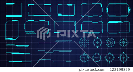 Futuristic HUD frames, borders text box game menu ui panel. Line tech line bar. Screen elements Sci Fi for Gaming UX UI 122199859