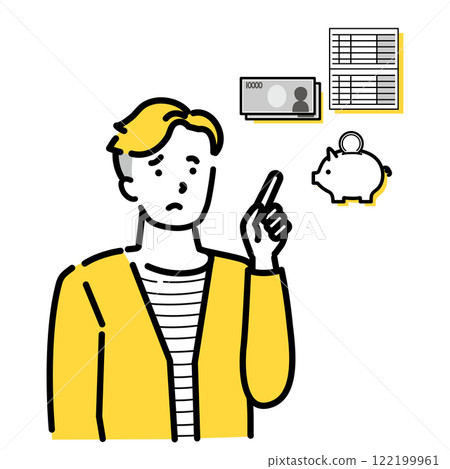 Illustration of a young man pointing at something while worrying about savings 122199961