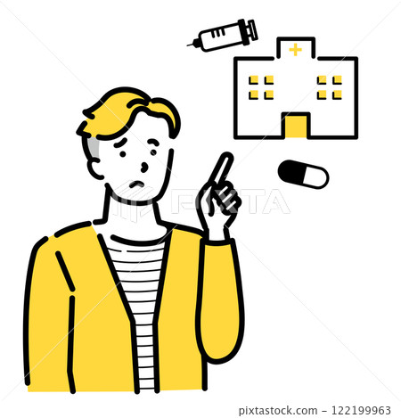 Illustration of a young man pointing at something while going to the hospital Illustration of a young man pointing at something while going to the hospital 122199963