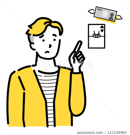 Illustration of a young man pointing at something while worrying about paying a gift 122199965