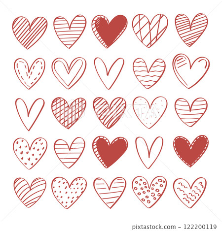 Vector illustration. A collection of hearts in red and pink colors, each heart is decorated in its own technique with lines, strokes or patterns. Vector illustration. A collection of hearts in red and pink colors, each heart is decorated in its own technique with lines, strokes or patterns. 122200119
