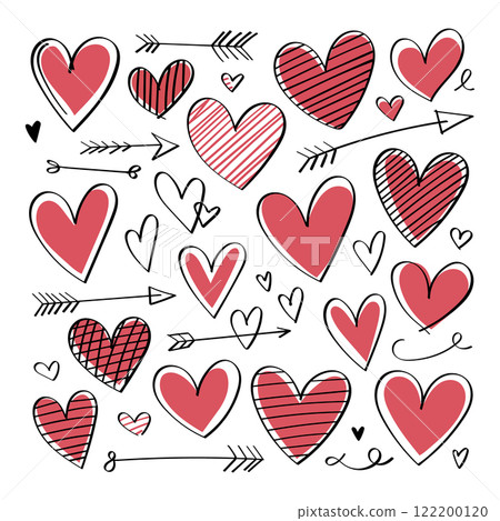 Vector illustration. A variety of red hearts in doodle style on a white background, some with arrows or decorated with strokes and waves. 122200120