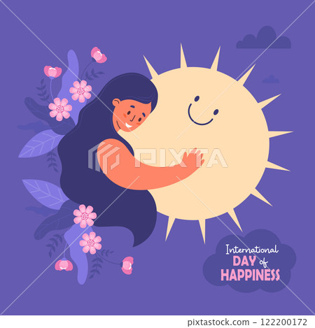Day of Happiness card. Happy woman with long hair with joyful sun and bouquets of flowers. International holiday is celebrated annually on March 20. Vector illustration 122200172