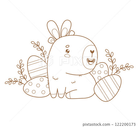 Outline Happy Easter Capybara in bunny ears with paschal eggs. Cute Holiday cartoon kawaii animal. Line drawing, coloring book. Vector illustration. Kids collection 122200173