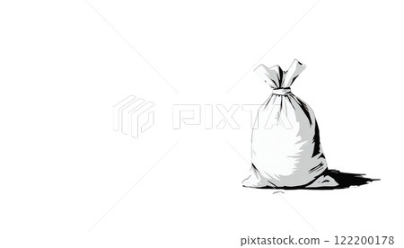 A burlap sack sits on a dark background. 122200178