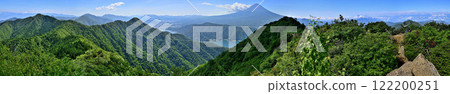 Panorama from the summit of Onigatake in the Misaka Mountains, overlooking Mt. Fuji in summer and the green Misaka Mountains 122200251