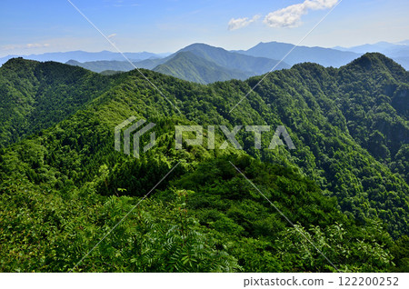 View of Mount Setsugatake, Mount Kurodake, and Mount Junigatake from the summit of Mount Onigatake in the Misaka Mountains. Green mountain range 122200252