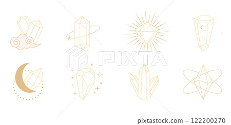 Crystal gemstone gold thin line polygon stone, contour gem, polyhedron. Elegant outline geometric quartz, jewel. Mineral linear icon. Crystal gemstone gold thin line polygon stone, contour gem, polyhedron. Elegant outline geometric quartz, jewel. Mineral linear icon. 122200270