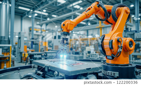 Close-up of robotic arm performing welding tasks on metal components in high-tech factory. Automated manufacturing process emphasizing advanced technology, efficiency Close-up of robotic arm performing welding tasks on metal components in high-tech factory. Automated manufacturing process emphasizing advanced technology, efficiency 122200336