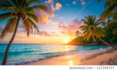 Tropical beach at sunset with palm trees, golden sand, turquoise ocean waves, beautiful sky, colorful clouds, and sun setting over horizon 122200337
