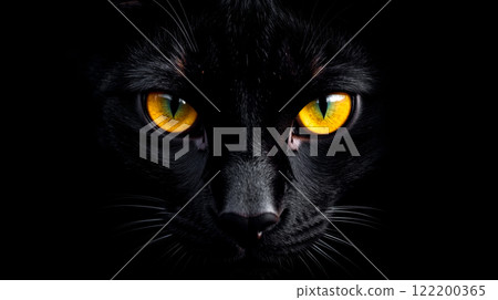 Close-up of black cat with glowing yellow eyes, mysterious expression, dark background, feline beauty, night animal, elegance, sharp gaze 122200365