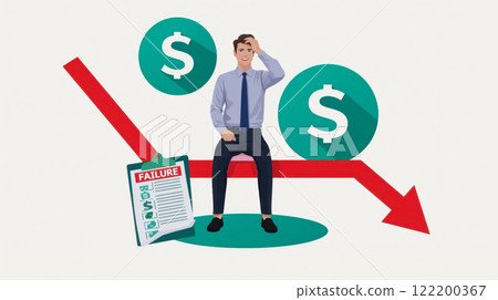 Business crisis with young man sitting. loss, surrounded by falling profits, downward graph and money symbol Business crisis with young man sitting. loss, surrounded by falling profits, downward graph and money symbol 122200367