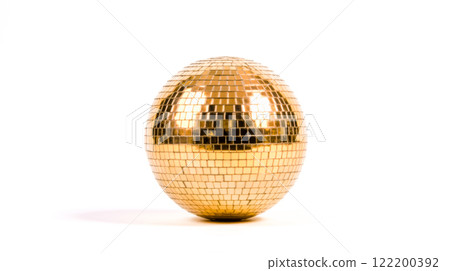 Golden disco ball isolated on white background, shiny, reflective surface, vibrant party decoration, retro style, dance floor ornament, sparkling light reflections, festive atmosphere, disco sphere Golden disco ball isolated on white background, shiny, reflective surface, vibrant party decoration, retro style, dance floor ornament, sparkling light reflections, festive atmosphere, disco sphere 122200392