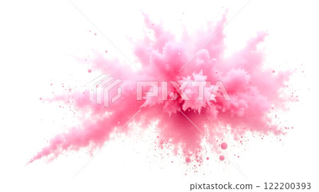 Pink powder explosion on white background. Colorful particles create dynamic splash. High-speed motion freeze captures energy. Abstract art with bright color. Creative design with visual impact Pink powder explosion on white background. Colorful particles create dynamic splash. High-speed motion freeze captures energy. Abstract art with bright color. Creative design with visual impact 122200393