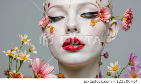 Beautiful young woman with porcelain-like skin using natural cosmetic products, promoting beauty and wellness. advertising and marketing materials focusing on natural skincare and beauty Beautiful young woman with porcelain-like skin using natural cosmetic products, promoting beauty and wellness. advertising and marketing materials focusing on natural skincare and beauty 122200414