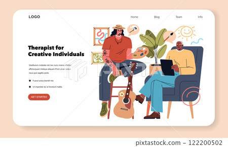 Mental Health Support concept. Comforting session for artists with a therapist guiding conversation. Creativity in therapeutic setting. Vector illustration. 122200502