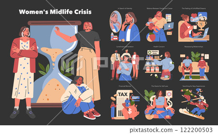 Women's Midlife Crisis concept. Illustration captures challenges, identity quest, and life balance struggles. Career, family, health, and self-care transition themes. Vector illustration. 122200503