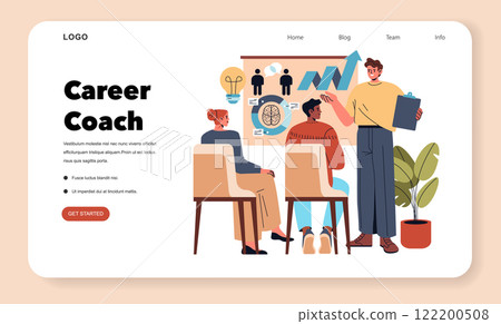 Career coaching concept. Professionals in a workshop led by a coach discussing growth and strategies. Interactive learning and skill development. Vector illustration. Career coaching concept. Professionals in a workshop led by a coach discussing growth and strategies. Interactive learning and skill development. Vector illustration. 122200508