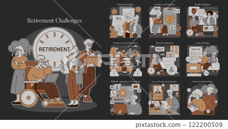 Retirement Challenges set. Illustration of seniors facing financial, health, and social issues. Navigating technology, loss of structure post-career. Vector illustration. Retirement Challenges set. Illustration of seniors facing financial, health, and social issues. Navigating technology, loss of structure post-career. Vector illustration. 122200509