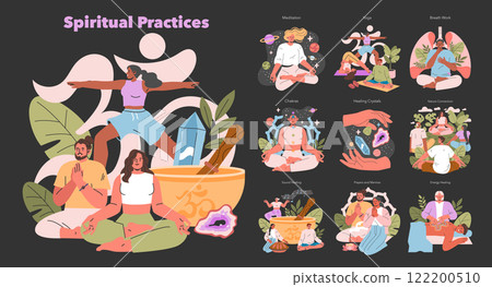 Spiritual Practices set. Diverse methods for inner peace and wellbeing. Meditation, yoga, breath work, chakras alignment, and more. Vector illustration. 122200510