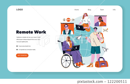 Remote Work concept. Diverse team collaborates virtually from different locations. Global connectivity, accessibility, and technology enable seamless teamwork. Vector illustration. 122200511