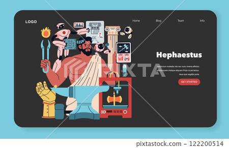 Olympic Gods Synergy AI concept. Illustration blending mythology with modern technology, featuring Hephaestus using AI and robotics. Vector illustration. 122200514
