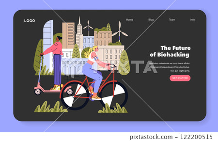 Biohacking concept. Future health optimization through technology, illustrated by people using smart wearables while engaging in urban fitness activities. Vector illustration. Biohacking concept. Future health optimization through technology, illustrated by people using smart wearables while engaging in urban fitness activities. Vector illustration. 122200515
