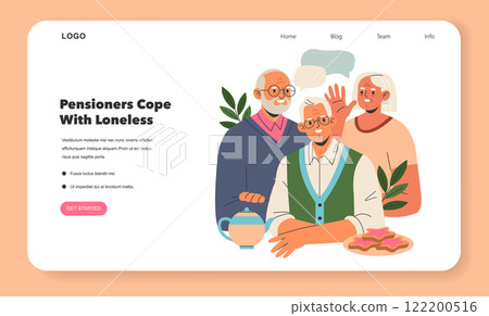 Elderly companionship concept. Senior friends share a conversation and tea to combat loneliness together. Vector illustration. 122200516