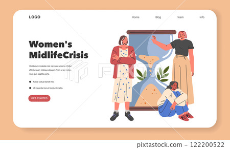 Women's Midlife Crisis concept illustrated with diverse female figures and a metaphorical hourglass. Reflects the emotional journey during transition. Vector illustration. Women's Midlife Crisis concept illustrated with diverse female figures and a metaphorical hourglass. Reflects the emotional journey during transition. Vector illustration. 122200522