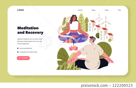 Biohacking concept. Individuals practicing meditation in a sustainable city setting for enhanced well-being. Mindfulness, self-care, and ecology integration. Vector illustration. Biohacking concept. Individuals practicing meditation in a sustainable city setting for enhanced well-being. Mindfulness, self-care, and ecology integration. Vector illustration. 122200523