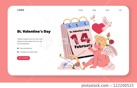 St. Valentine's Day illustration. A cute angel holding a calendar marked with February 14, surrounded by roses and doves. Represents love and celebration. Ideal for expressing romantic emotions St. Valentine's Day illustration. A cute angel holding a calendar marked with February 14, surrounded by roses and doves. Represents love and celebration. Ideal for expressing romantic emotions 122200525