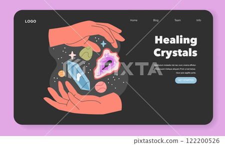 Spiritual Practices concept. Human hands cradling a cosmos of healing crystals, invoking mindfulness and energy healing. Vector illustration of holistic therapy. 122200526